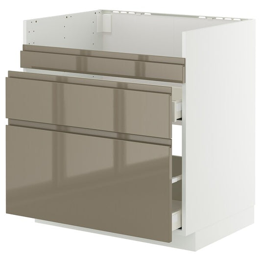 METOD / MAXIMERA - Base cb f HAVSEN snk/3 frnts/2 drws, white/Voxtorp high-gloss dark grey-brown, 80x60 cm