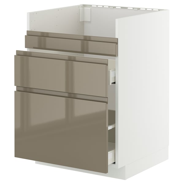 METOD / MAXIMERA base cb f HAVSEN snk/3 frnts/2 drws, white/Voxtorp high-gloss dark grey-brown, 60x60 cm