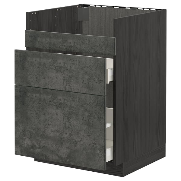 METOD / MAXIMERA base cb f HAVSEN snk/3 frnts/2 drws, black/Kalhyttan dark grey concrete effect, 60x60 cm