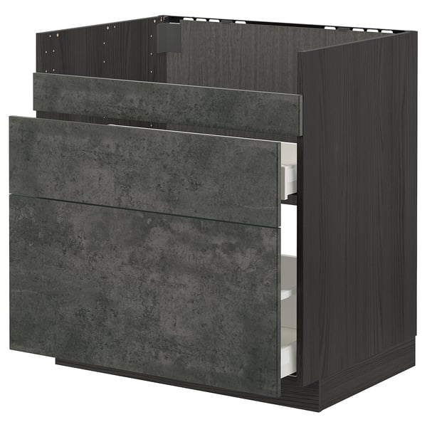 METOD / MAXIMERA base cb f HAVSEN snk/3 frnts/2 drws, black/Kalhyttan dark grey concrete effect, 80x60 cm