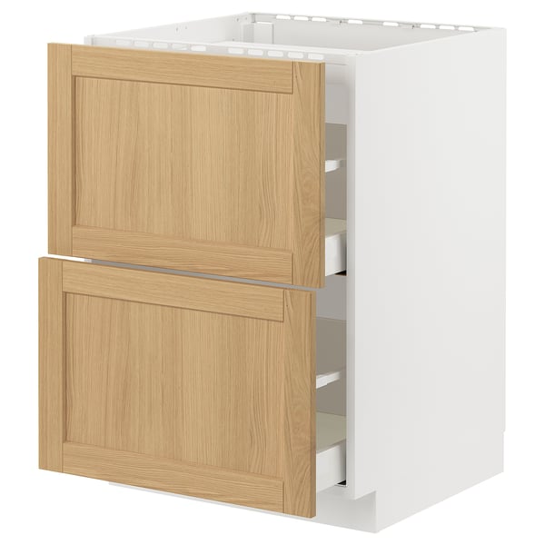 METOD / MAXIMERA - METOD / MAXIMERA Base cab f hob/2 fronts/2 drawers, white/Forsbacka oak, 60x60 cm