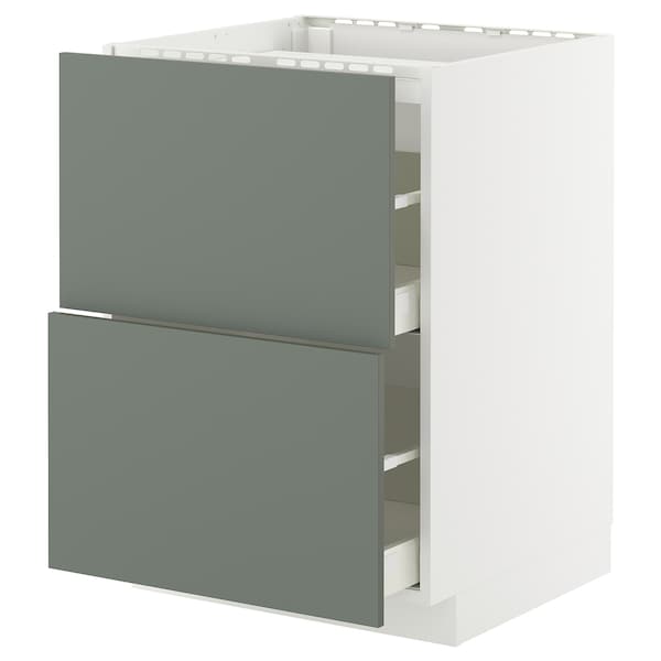 METOD / MAXIMERA - METOD / MAXIMERA Base cab f hob/2 fronts/2 drawers, white/Nickebo matt grey-green, 60x60 cm