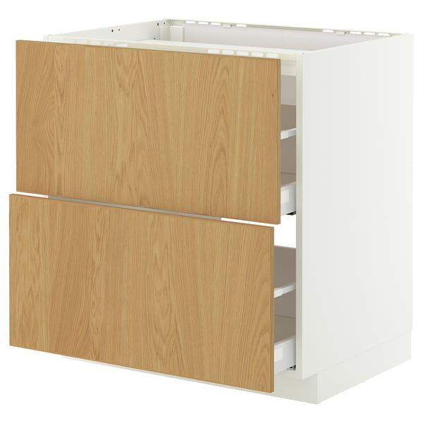 METOD / MAXIMERA base cab f hob/2 fronts/2 drawers, white/Sinarp oak veneer, 80x60 cm