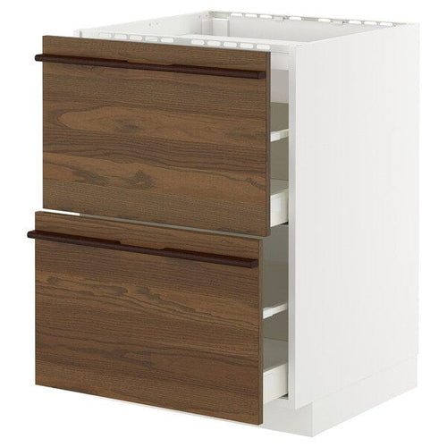 METOD / MAXIMERA base cab f hob/2 fronts/2 drawers, white/Stensta dark brown ash veneer, 60x60 cm