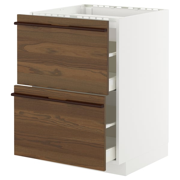 METOD / MAXIMERA - METOD / MAXIMERA Base cab f hob/2 fronts/2 drawers, white/Stensta dark brown ash veneer, 60x60 cm