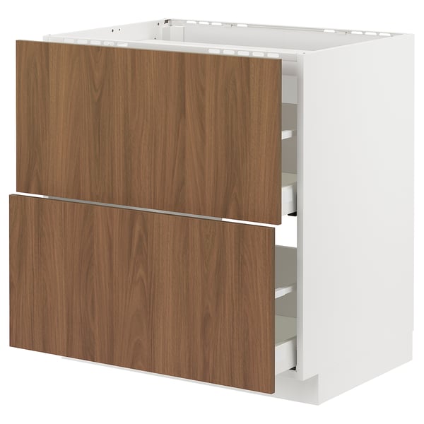 METOD / MAXIMERA - METOD / MAXIMERA Base cab f hob/2 fronts/2 drawers, white/Tistorp brown walnut effect, 80x60 cm