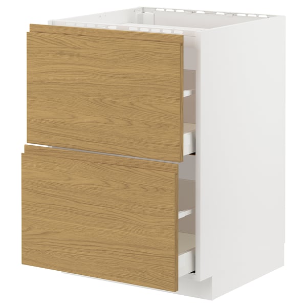 METOD / MAXIMERA - METOD / MAXIMERA Base cab f hob/2 fronts/2 drawers, white/Voxtorp oak effect, 60x60 cm