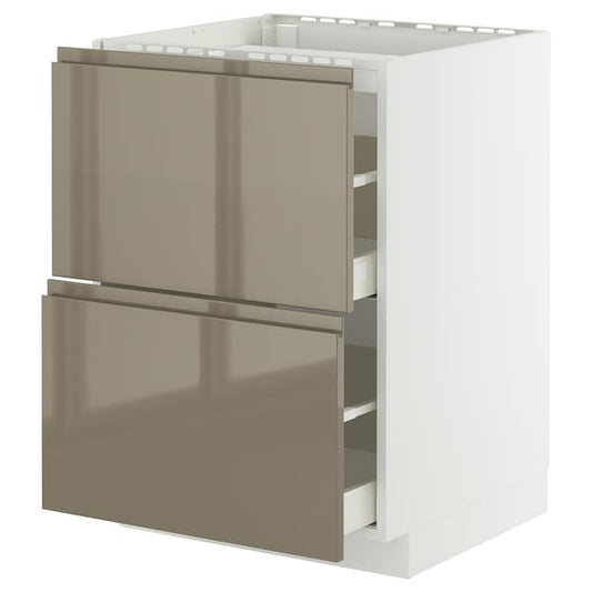 METOD / MAXIMERA - Base cab f hob/2 fronts/2 drawers, white/Voxtorp high-gloss dark grey-brown, 60x60 cm