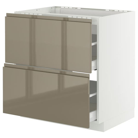 METOD / MAXIMERA - Base cab f hob/2 fronts/2 drawers, white/Voxtorp high-gloss dark grey-brown, 80x60 cm