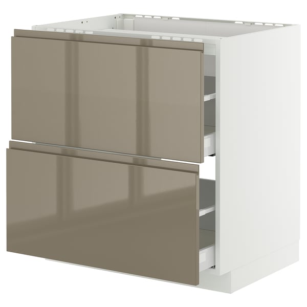METOD / MAXIMERA - METOD / MAXIMERA Base cab f hob/2 fronts/2 drawers, white/Voxtorp high-gloss dark grey-brown, 80x60 cm
