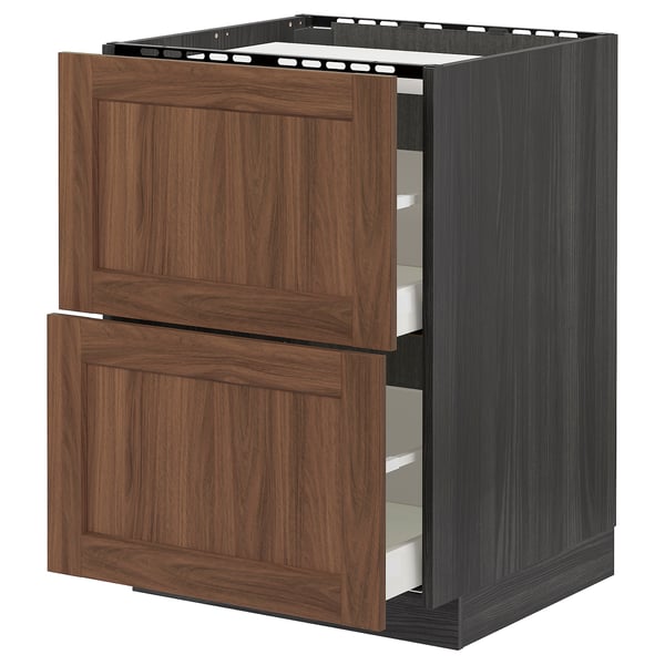 METOD / MAXIMERA base cab f hob/2 fronts/2 drawers, black Enköping/brown walnut effect, 60x60 cm
