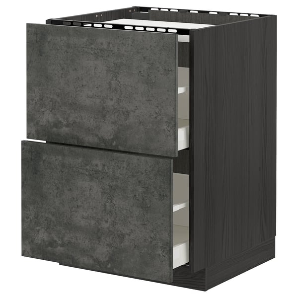 METOD / MAXIMERA base cab f hob/2 fronts/2 drawers, black/Kalhyttan dark grey concrete effect, 60x60 cm