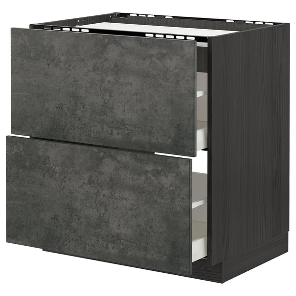 METOD / MAXIMERA base cab f hob/2 fronts/2 drawers, black/Kalhyttan dark grey concrete effect, 80x60 cm