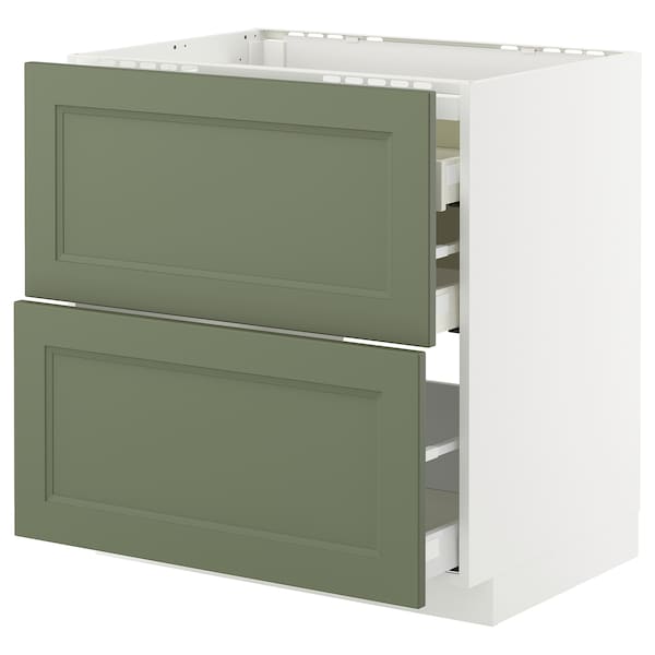 METOD / MAXIMERA - Base cab f hob/2 fronts/3 drawers, white/Axstad grey-green, 80x60 cm