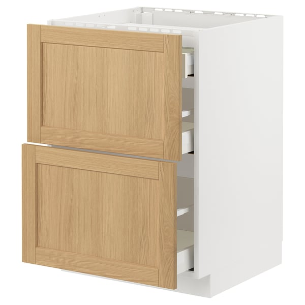 METOD / MAXIMERA base cab f hob/2 fronts/3 drawers, white/Forsbacka oak, 60x60 cm