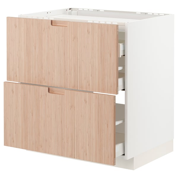 METOD / MAXIMERA base cab f hob/2 fronts/3 drawers, white/Fröjered light bamboo, 80x60 cm