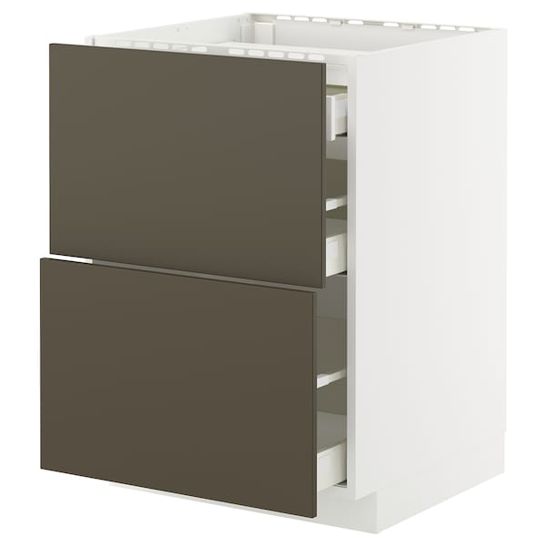 METOD / MAXIMERA - Base cab f hob/2 fronts/3 drawers, white/Havstorp brown-beige, 60x60 cm