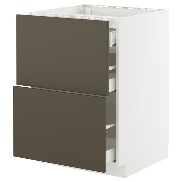 METOD / MAXIMERA - METOD / MAXIMERA Base cab f hob/2 fronts/3 drawers, white/Havstorp brown-beige, 60x60 cm
