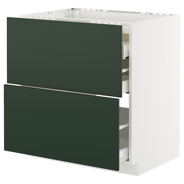 METOD / MAXIMERA - Base cab f hob/2 fronts/3 drawers, white/Havstorp deep green, 80x60 cm