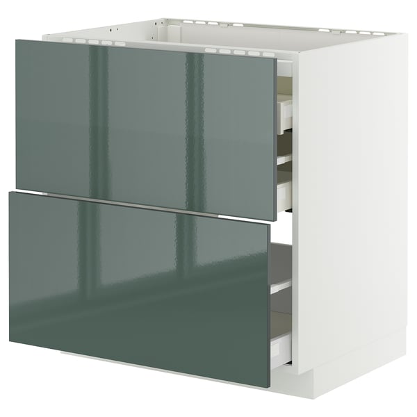 METOD / MAXIMERA - METOD / MAXIMERA Base cab f hob/2 fronts/3 drawers, white/Kallarp high-gloss dark grey-green, 80x60 cm