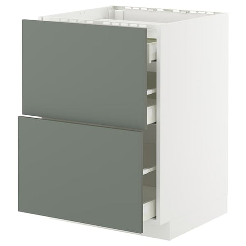 METOD / MAXIMERA - METOD / MAXIMERA Base cab f hob/2 fronts/3 drawers, white/Nickebo matt grey-green, 60x60 cm