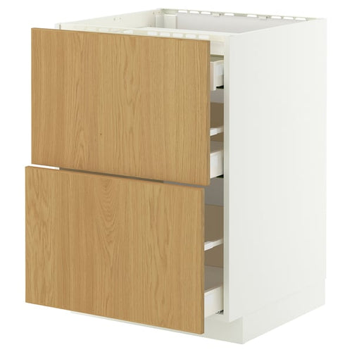 METOD / MAXIMERA base cab f hob/2 fronts/3 drawers, white/Sinarp oak veneer, 60x60 cm
