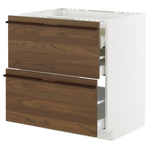METOD / MAXIMERA - METOD / MAXIMERA Base cab f hob/2 fronts/3 drawers, white/Stensta dark brown ash veneer, 80x60 cm