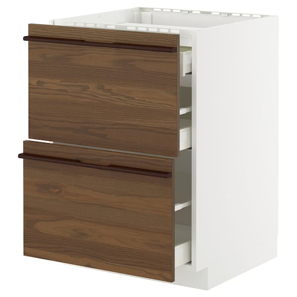 METOD / MAXIMERA - METOD / MAXIMERA Base cab f hob/2 fronts/3 drawers, white/Stensta dark brown ash veneer, 60x60 cm