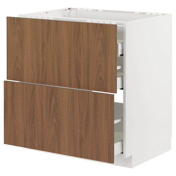 METOD / MAXIMERA - Base cab f hob/2 fronts/3 drawers, white/Tistorp brown walnut effect, 80x60 cm