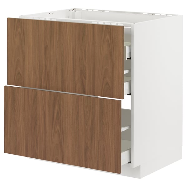 METOD / MAXIMERA - METOD / MAXIMERA Base cab f hob/2 fronts/3 drawers, white/Tistorp brown walnut effect, 80x60 cm