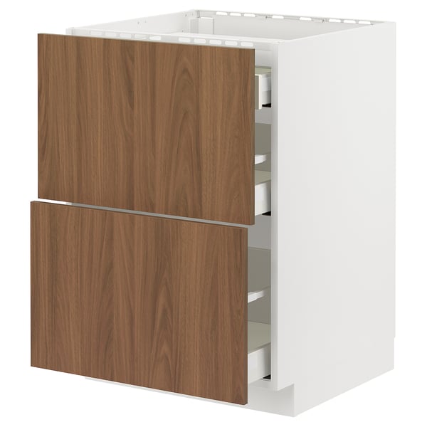 METOD / MAXIMERA - METOD / MAXIMERA Base cab f hob/2 fronts/3 drawers, white/Tistorp brown walnut effect, 60x60 cm