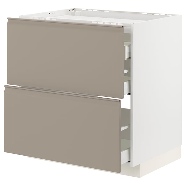 METOD / MAXIMERA base cab f hob/2 fronts/3 drawers, white/Upplöv matt dark beige, 80x60 cm