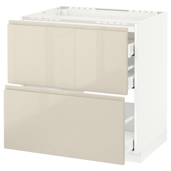 METOD / MAXIMERA base cab f hob/2 fronts/3 drawers, white/Voxtorp high-gloss light beige