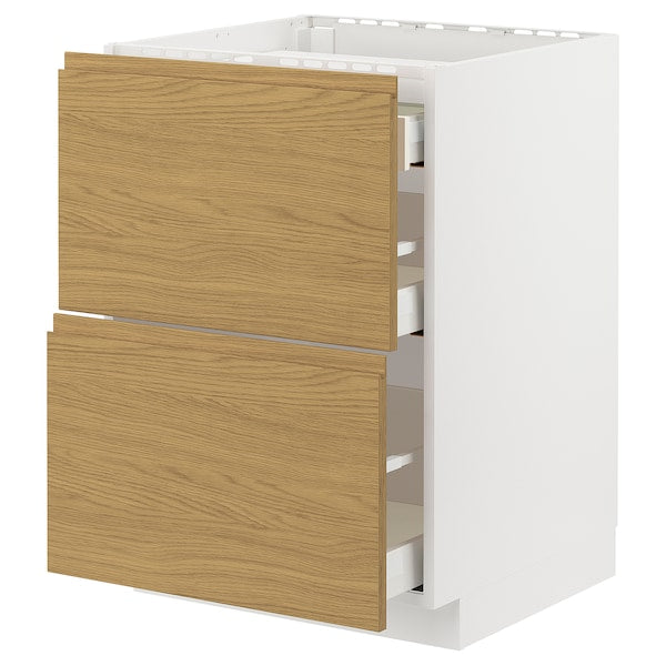 METOD / MAXIMERA - Base cab f hob/2 fronts/3 drawers, white/Voxtorp oak effect, 60x60 cm