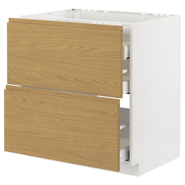 METOD / MAXIMERA - Base cab f hob/2 fronts/3 drawers, white/Voxtorp oak effect, 80x60 cm