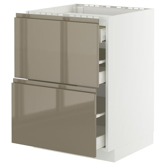 METOD / MAXIMERA - Base cab f hob/2 fronts/3 drawers, white/Voxtorp high-gloss dark grey-brown, 60x60 cm