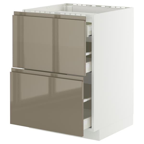 METOD / MAXIMERA - METOD / MAXIMERA Base cab f hob/2 fronts/3 drawers, white/Voxtorp high-gloss dark grey-brown, 60x60 cm