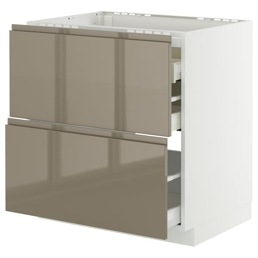 METOD / MAXIMERA - Base cab f hob/2 fronts/3 drawers, white/Voxtorp high-gloss dark grey-brown, 80x60 cm