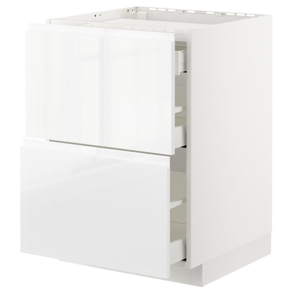 METOD / MAXIMERA base cab f hob/2 fronts/3 drawers, white/Voxtorp high-gloss/white, 60x60 cm