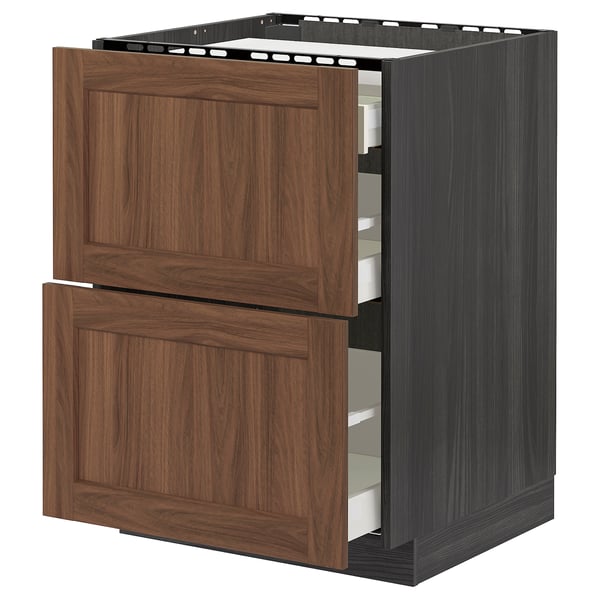 METOD / MAXIMERA base cab f hob/2 fronts/3 drawers, black Enköping/brown walnut effect, 60x60 cm