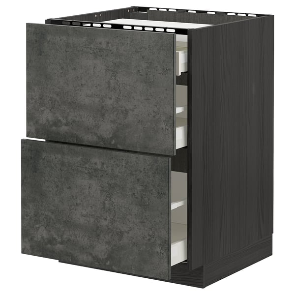 METOD / MAXIMERA base cab f hob/2 fronts/3 drawers, black/Kalhyttan dark grey concrete effect, 60x60 cm