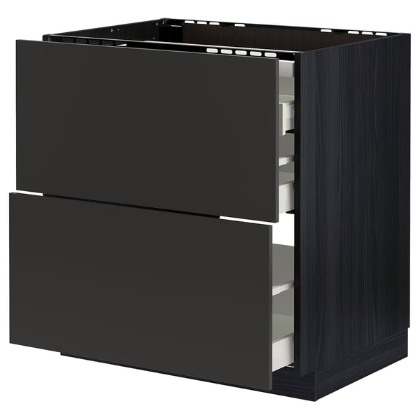 METOD / MAXIMERA base cab f hob/2 fronts/3 drawers, black/Nickebo matt anthracite, 80x60 cm