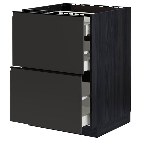 METOD / MAXIMERA base cab f hob/2 fronts/3 drawers, black/Upplöv matt anthracite, 60x60 cm
