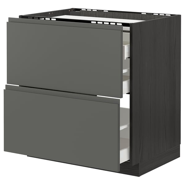 METOD / MAXIMERA base cab f hob/2 fronts/3 drawers, black/Voxtorp dark grey, 80x60 cm