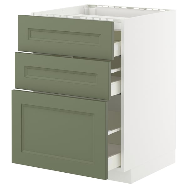 METOD / MAXIMERA base cab f hob/3 fronts/3 drawers, white/Axstad grey-green, 60x60 cm