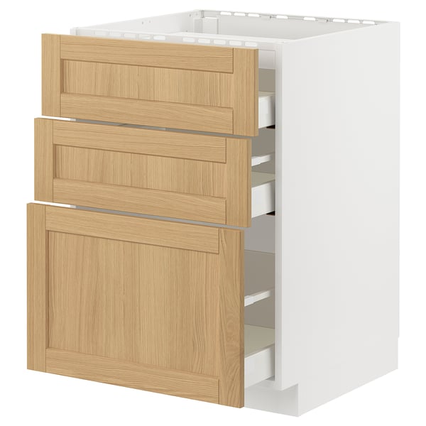 METOD / MAXIMERA base cab f hob/3 fronts/3 drawers, white/Forsbacka oak, 60x60 cm