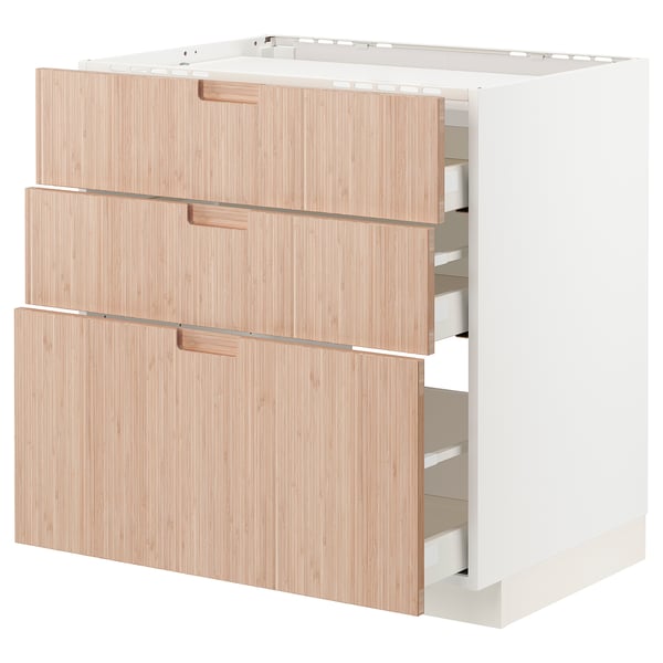 METOD / MAXIMERA - Base cab f hob/3 fronts/3 drawers, white/Fröjered light bamboo, 80x60 cm