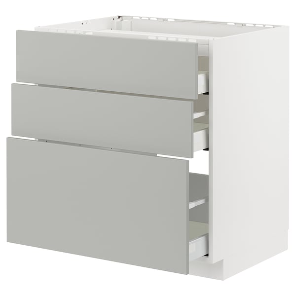 METOD / MAXIMERA base cab f hob/3 fronts/3 drawers, white/Havstorp light grey, 80x60 cm