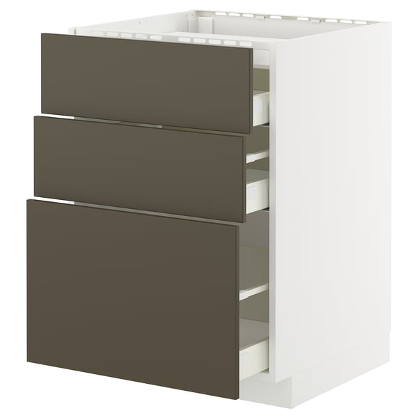 METOD / MAXIMERA - METOD / MAXIMERA Base cab f hob/3 fronts/3 drawers, white/Havstorp brown-beige, 60x60 cm
