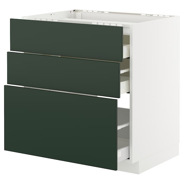 METOD / MAXIMERA - Base cab f hob/3 fronts/3 drawers, white/Havstorp deep green, 80x60 cm